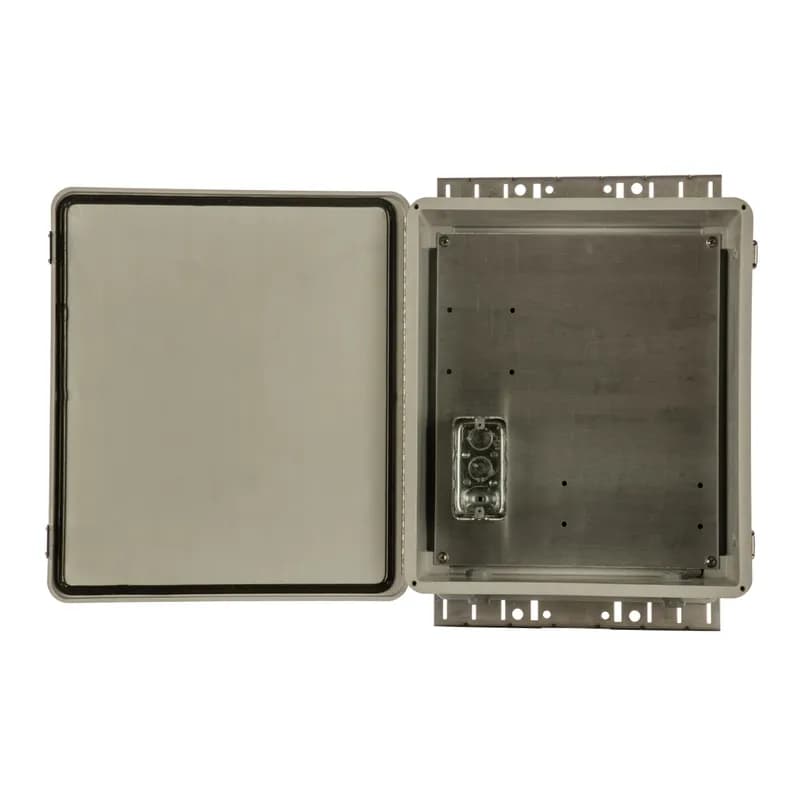 NEMA 4X Wireless Security Enclosure 14" x 12" (356mm x 305mm); Grey, with Pre installed Pre-fabricated Backplane, 4CS-1/2 Electrical box, pole mounting bracket, 2 NEMA 4X compression fittings, includes UTP connectivity kit.