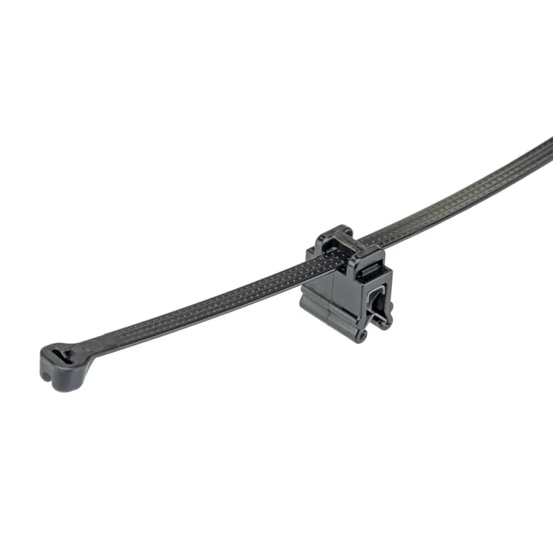 Panduit CMEA12-B2S-D300 - The CMEA12-B2S-D300 Edge Clip with Cable Tie Mounts helps secure wire and cable bundles with versatile mounting to edges without adhesives or drilling. Pre-assembled with a barb cable tie for securing and routing cables parallel and offset to a 0.7mm to 3mm edge. Ideal for a range of applications such as automobiles, trains, heavy equipment, and trucks. Color Black.