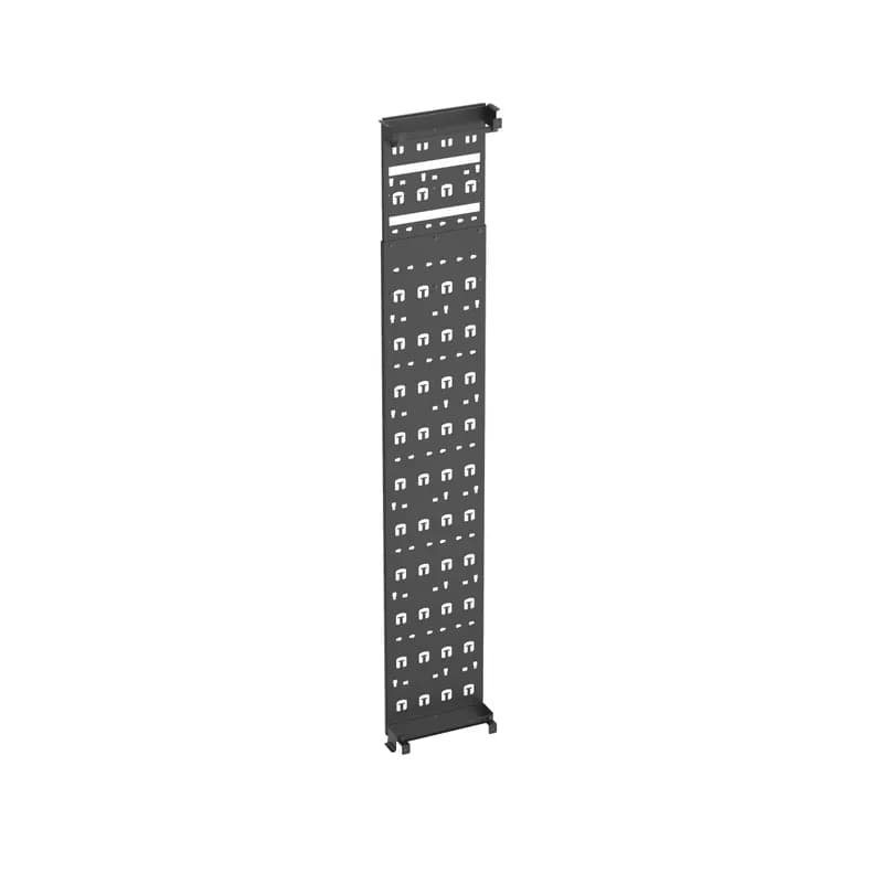 The vertical tie-off panel is a 4-post rack accessory that compliments the 4-Post Rack System, effectively creating a pathway for permanent link cable in enterprise applications. The panel has expandable height to work with 45 RU and 52 RU racks. This tie-off bracket is RoHS Compliant, made of steel and comes in black.