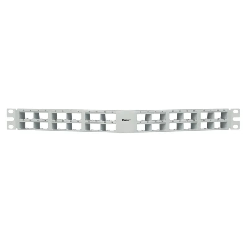Panduit CPA48HDWH - The Mini-Com High Density Shielded Modular Patch Panel accepts up to 48 Mini-Com Shielded Jack Modules in 1 RU. The panel has an angled design and mounts to 19 inch and 23 inch racks and cabinets. It includes a stainless steel stamping with molded faceplates that have a metal bonding strip. The panel is white.