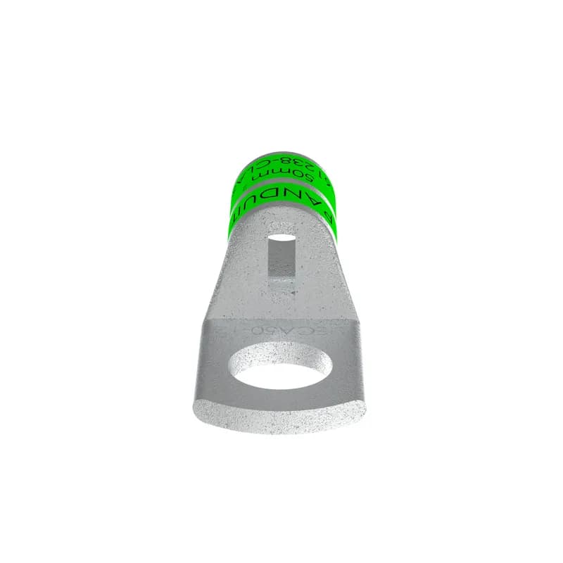 The LIECA50-12-L Tin-Plated Copper Compression Metric Lug, one-hole standard barrel, has beveled wire entry for fast and easy installation. The inspection window aids to visually assure full conductor insertion and the tin-plated material helps to inhibit corrosion. Connectors are IEC 61238 Class A approved.