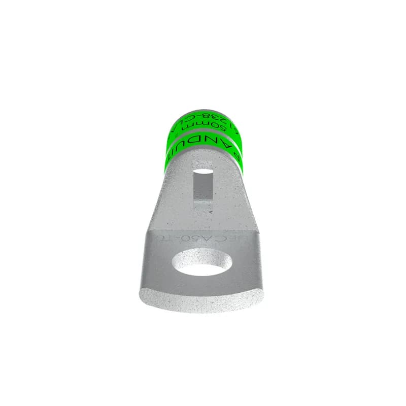 The LIECA50-10-L Tin-Plated Copper Compression Metric Lug, one-hole standard barrel, has beveled wire entry for fast and easy installation. The inspection window aids to visually assure full conductor insertion and the tin-plated material helps to inhibit corrosion. Connectors are IEC 61238 Class A approved.
