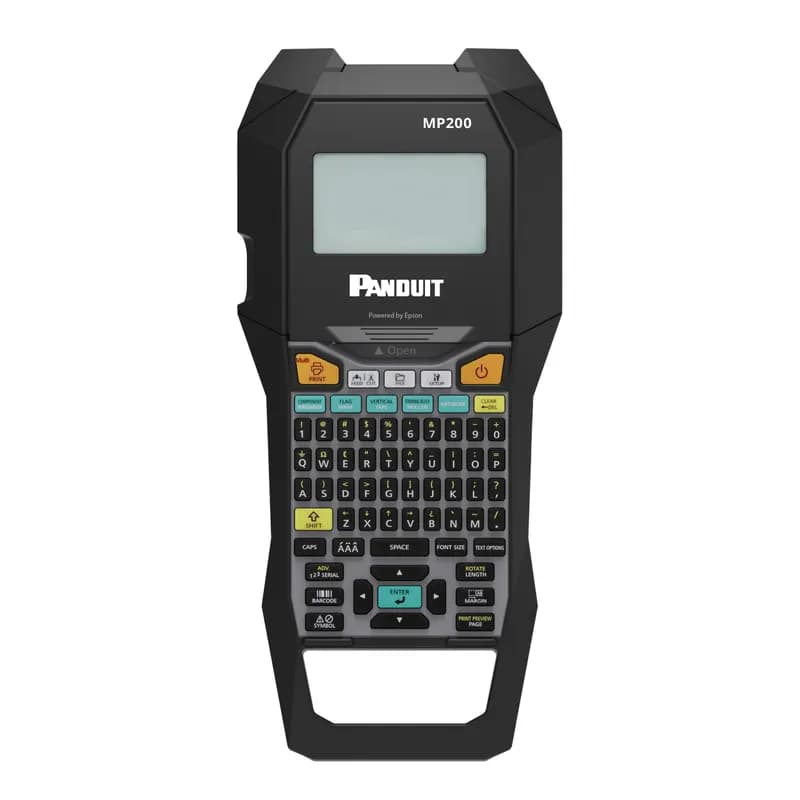 Panduit MP200-KIT - The MP200-KIT printer is a rugged, high performance, economical industrial printer. It features fast print speeds up to 1.2 in/sec, a powered cutter, a large LCD backlit screen, custom label modes, barcodes and symbols. Prints continuous tapes up to 1.0 in. wide for network, electrical and other industrial applications. It comes with the printer, a continuous label cassette, hard carrying case, rechargeable battery pack, magnetic feet, USB cable, and power adapter. For use in North America.