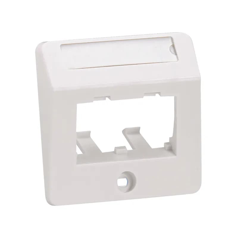 The Mini-Com 50mm x 50mm Faceplate Adapter accepts two Mini-Com Modules. Adapter mounts to standard 50mm x 50mm openings or FCFPAW, has a sloped design to improve bend radius. The adapter includes a label pocket for easy identification and is arctic white.