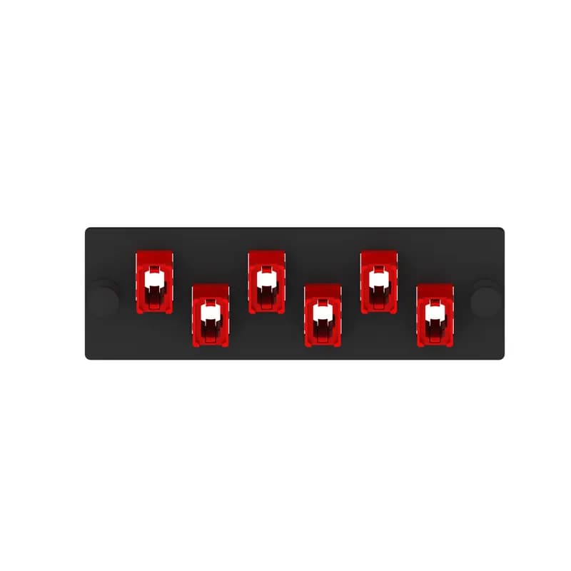Panduit FAPH0624RDMPO - The Opticom MPO fiber adapter panel is loaded with 6 MPO fiber optic adapters. The fiber optic adapters are in the key-up/key-down position, type a polarity and are red in color. The MPOs are positioned in a vertical arrangement when looking head-on on a horizontal-orientated faceplate.