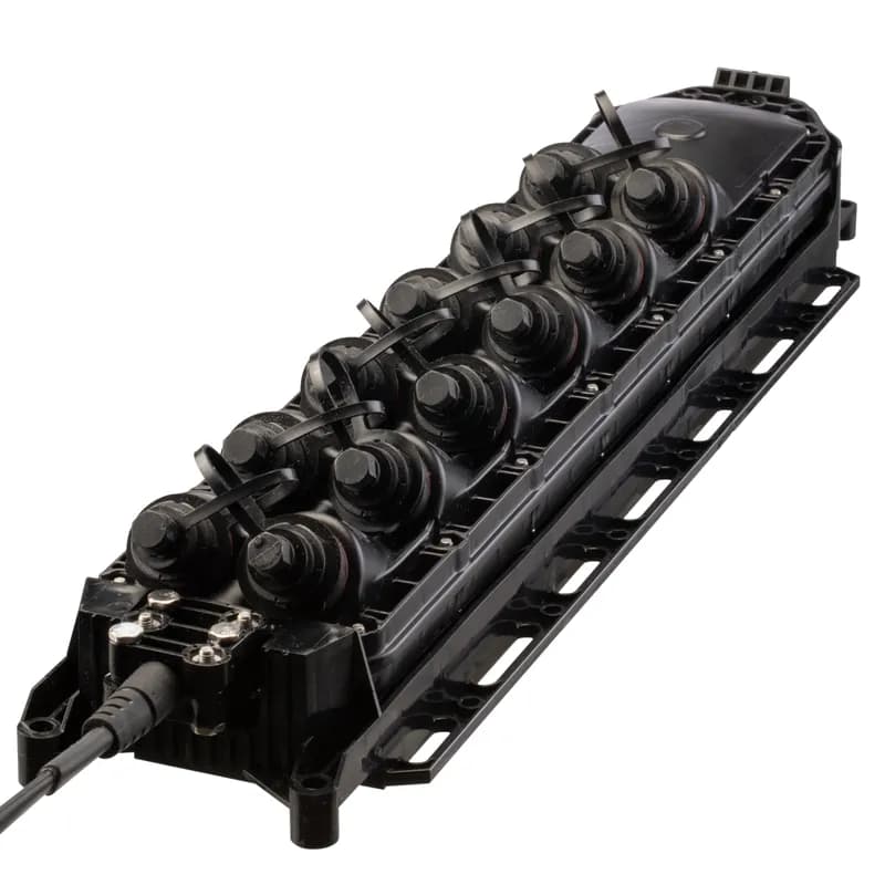 12-Port Multi-port Service Terminal suitable for connection with drop cables with hardened outdoor SC/APC connectors. Fully sealed and IP68 protected. Unterminated stub type toneable cable, 500 ft.