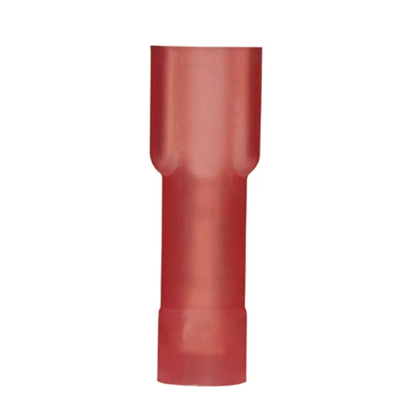 The Supra-Grip female disconnect is made of brass and is tin-plated. It is fully insulated in red nylon. It has a tab size of 0.187 x 0.032 (4.8 x 0.8 mm) and supports a wire range of 22-18 AWG (0.5-1.0 mm ). It is 0.89" (22.6 mm) long and 0.29" (7.4 mm) wide. The disconnect has a double crimp funnel entry barrel configuration and a butted seam barrel with an integrated metal insulation grip. It comes in bottles of 100.