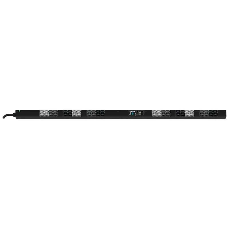 The Panduit G6 Monitored Input PDU features (24)C13/C15, (24)C13/15/C19/C21 outlets. This PDU is designed with combination outlets which allows the receptacle to be used as an C13/C15/C19 or C21 outlet. It is a Dual Rated 20/16 amp 415V three phase PDU with an IEC 60309 3P+N+E 6h 20A/16A (IP44) input plug and a 10 foot (3m) power cord. The PDU is black.