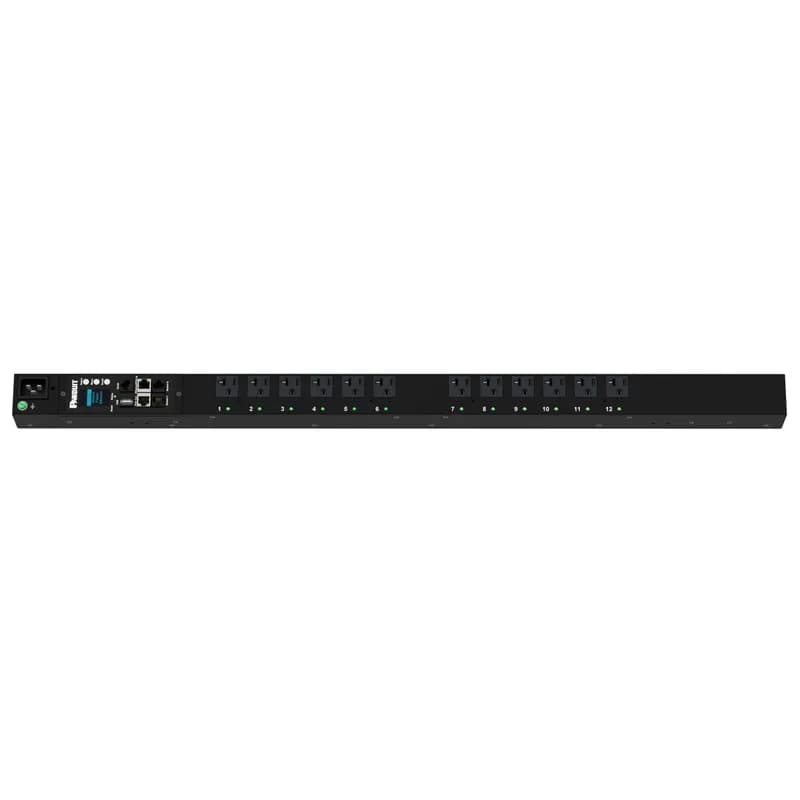 Panduit P12E20G - The Panduit G6 Monitored Switched PDU features (12) 5-20R outlets. It is a 15 amp, 120 V, single phase PDU with a NEMA 5-15P input plug and a 10 foot (3m) power cord. The PDU is black.