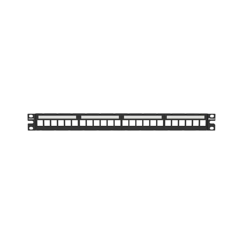 The Shielded Keystone Patch Panel accepts up to 24 Shielded Keystone Jack Modules in 1 RU. The panel has a flat design made of stainless-steel construction that includes a grounding lug and mounts to 19-inch racks and cabinets. The patch panel has faceplates in the front allowing modules to mount flush with the panel, faceplate has label pockets and includes pre-printed labels and label covers and is black.