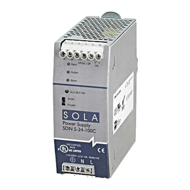 SolaHD SDN5-24-100C - SDN-C Series Compact DIN Rail Power Supply, Nominal Output Current: 5 A (120 W), Nominal Voltage Input: 115/230 Vac, Nominal Voltage Output: 24 V, Frequency 43/67 Hz, Single Phase