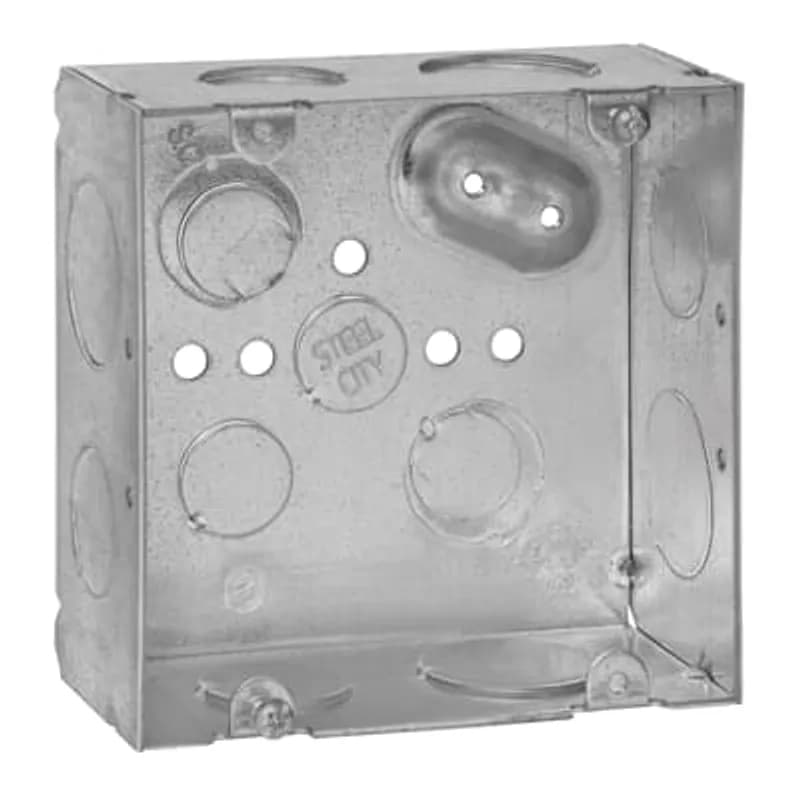 Square Box, 42 Cubic Inches, 4-11/16 Inches Square x 2-1/8 Inches Deep, 3/4 Inch, and 1 Inch Knockouts, Pre-Galvanized Steel, Welded Construction, For use with Conduit