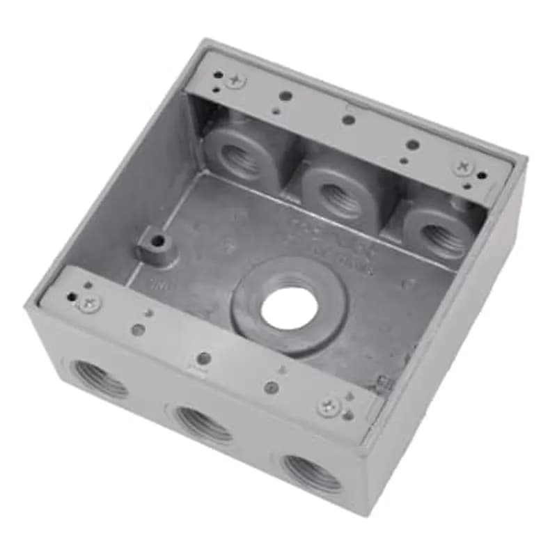 Two Gang Universal Weatherproof Box, 30.2 Cubic Inches, Hub Size 3/4 Inch, Silver, Aluminum, 7 Outlets with 3 on Top and Bottom and 1 on Back, Pack of 10