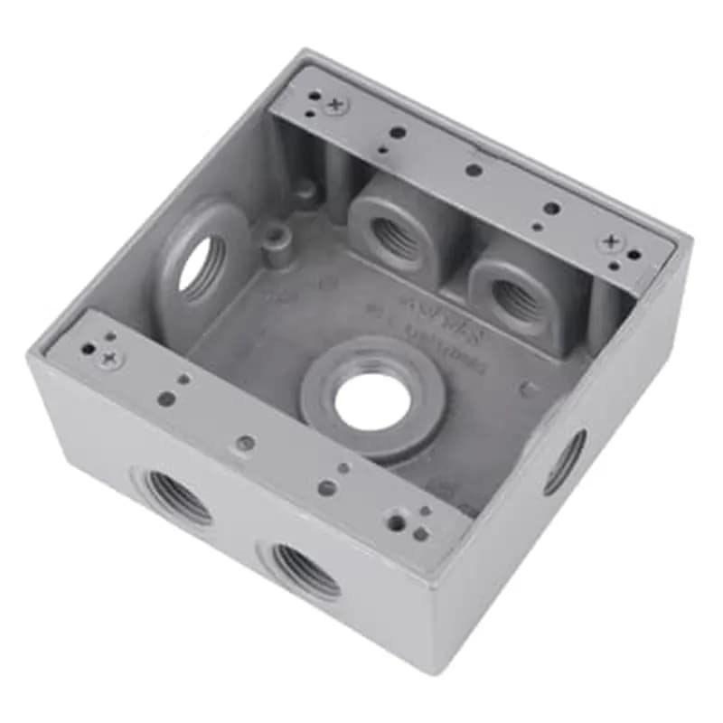 Two Gang Universal Weatherproof Box, 31 Cubic Inches, Hub Size 3/4 Inch, Silver, Aluminum, 7 Outlets (2-Sides) with 2 on Top and Bottom and 1 on Both Sides, and Back, Pack of 10