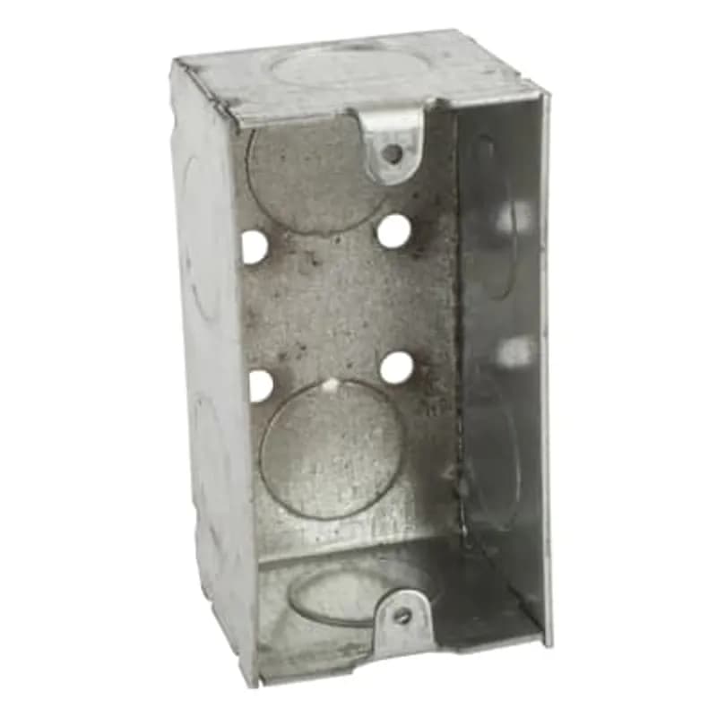 ABB - Installation Products 103-W-AB - Single Gang Device Box, 13.9 Cubic Inches, 4 Inches Long x 2-1/8 Inches Wide x 1-7/8 Inches Deep, 1/2 Inch Knockouts, Galvanized Steel, Welded Construction, with Angle Bracket on One Side Offset 9/16 Inch from Face, For Use with Conduit