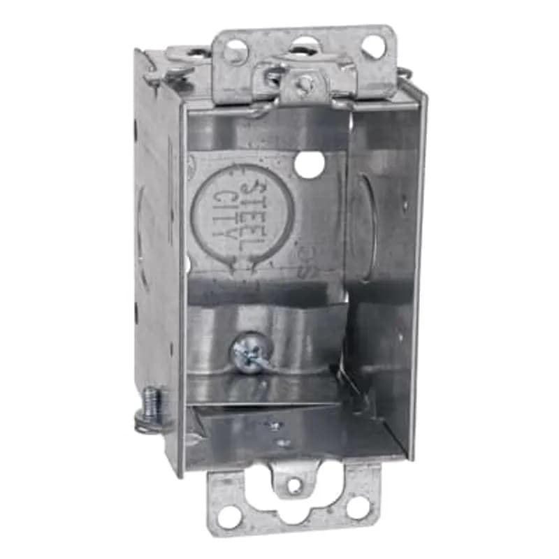 Gangable Switch Box, 12.5 Cubic Inches, 3 Inches Long x 2 Inches Wide x 2-1/2 Inches Deep, 1/2 Inch Knockouts, Pre-Galvanized Steel, Non-Metallic Cable Clamps (C-5), Ground Screw, and Ears Flush, For Non-Metallic Sheathed Cable