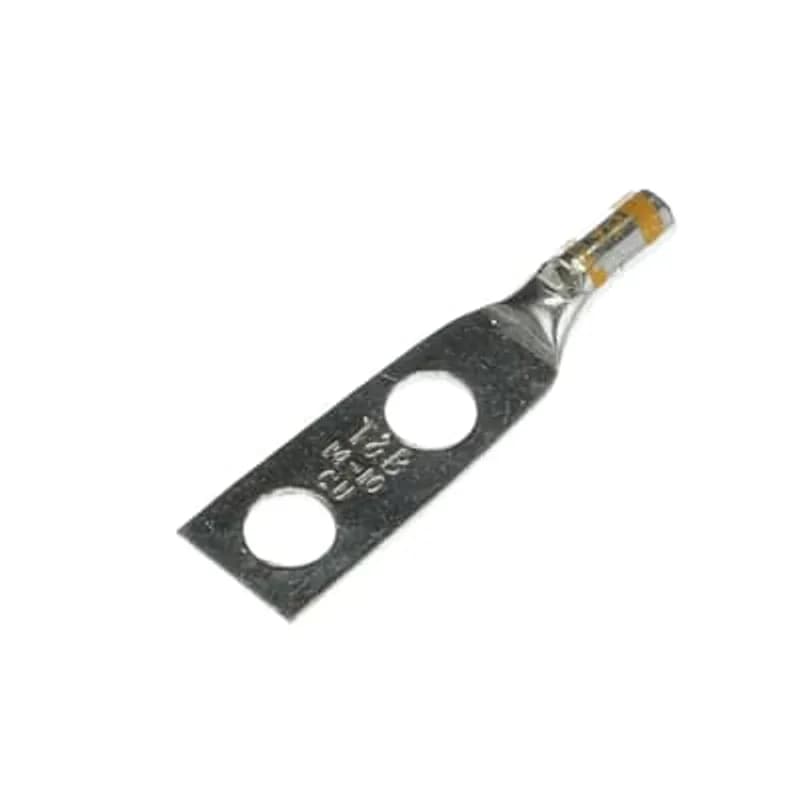 ABB - Installation Products 54201 - Copper Two-Hole Lug, Standard Barrel, Peep Hole, Max 35kV, Wire Size #14-10, 1/4 Inch Bolt Size, 5/8 Inch Hole Spacing, Tin Plated, Die Code ERG2002, Die Color Code N/A