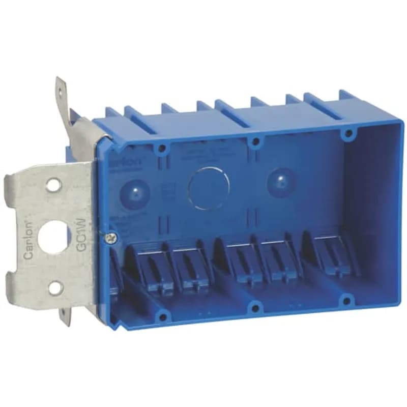 Three-Gang Adjustable New Work Outlet Box, Volume 49 Cubic Inches, Length 5-13/16 Inches, Width 3-5/8 Inches, Depth 3 Inches, Color Blue, Material PVC, Mounting Means up to 1-3/4 Inch Adjustable Bracket