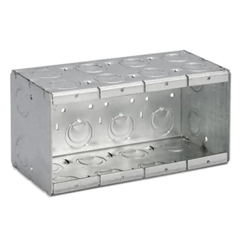 Four Gang Masonry Box, 93.5 Cubic Inches, 3-3/4 Inches Long x 7-3/8 Inches Wide x 3-1/2 Inches Deep, 1/2 Inch and 3/4 Inch Concentric Knockouts, Galvanized Steel, Welded Construction, with #12 AWG Solid Ground Wire Pigtail, For use with Conduit