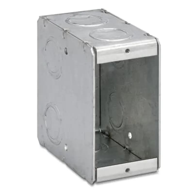 Single Gang Masonry Box, 22.0 Cubic Inches, 3-3/4 Inches Long x 1-7/8 Inches Wide x 3-1/2 Inches Deep, 1/2 Inch and 3/4 Inch Concentric Knockouts, Galvanized Steel, Welded Construction, with #12 AWG Solid Ground Wire Pigtail, For use with Conduit