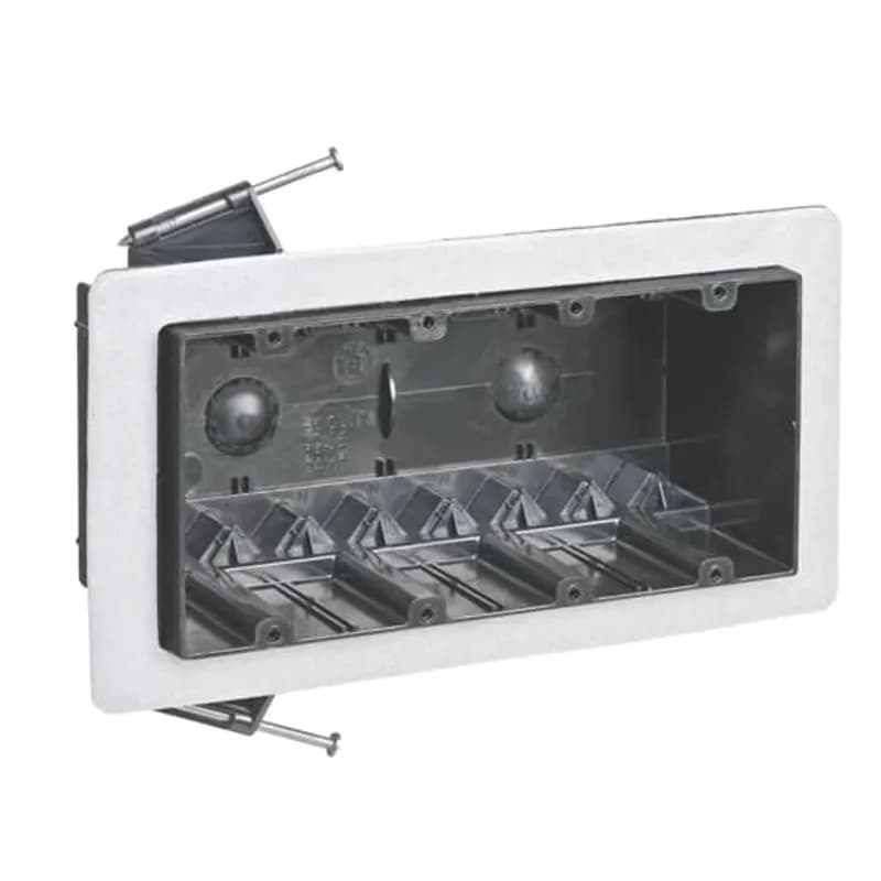 Four-Gang Vapor-Tight Box, Volume 60 Cubic Inches, Length 3-1/2 Inches, Width 7-1/2 Inches, Depth 2-3/4 Inches, Color Black, Material Polycarbonate, Mounting Means Angled Side Nails