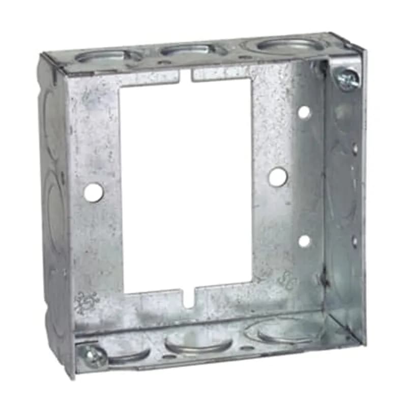 Square Box Extension Ring, 21 Cubic Inches, 4 Inch Square x 1-1/2 Inch Deep, 1/2 Inch and 3/4 Inch Eccentric Knockouts, Pre-Galvanized Steel, pack of 25, for Retail
