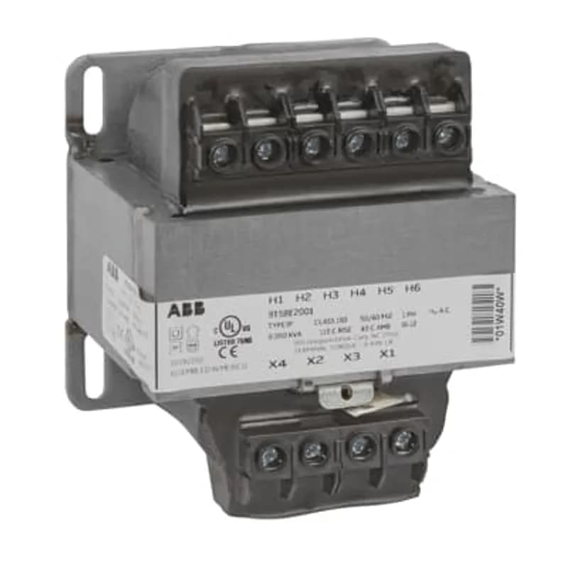 ABB - Electrification 9T58E0071 - ABB's CE marked 9T58E control power isolating transformers feature a welded core, encapsulated coils to deliver reliable performance while keeping vibration and noise low. The IP 20 terminal blocks are a standard safety feature ideal for any 50 or 60 Hz applications. These transformers are available with various input and output voltages and kVA ratings. The CE marked 9T58E control power isolating transformers meet domestic and international standards.