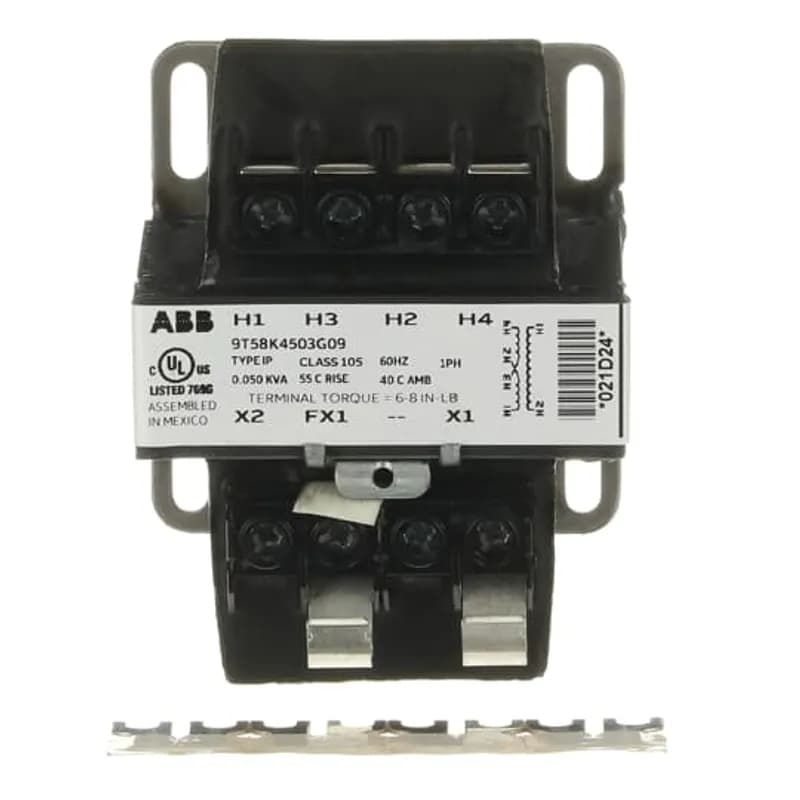 ABB - Electrification 9T58K4503G09 - ABB's Machine tool core and coil transformers are isolation transformers designed to provide a high degree of secondary voltage stability (regulation) during a brief period of overload condition (also referred to as “inrush current”). They are ideal for applications where power regulation and space optimization are critical. Machine tool core and coil transformers feature welded cores to deliver outstanding performance, long life, and quiet operation.