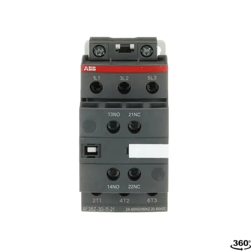ABB - Electrification AF38Z-30-11-21 - AF38Z contactors are used for controlling power circuits up to 690 V AC and 220 V DC. They are mainly used for controlling 3-phase motors, non-inductive or slightly inductive loads. AF..Z contactors include an electronic coil interface accepting a wide control voltage Uc min. ... Uc max. Only four coils cover control voltages between 24...250 V 50/60 Hz or 12...250 V DC. AF..Z contactors can manage large control voltage variations. One coil can be used for different control voltages used worldwide without any coil change. AF..Z contactors allow direct control by PLC-output ≥ 24 V DC 500 mA and obtain a reduced holding coil consumption. AF..Z contactors withstand short voltage dips and voltage sags (SEMI F47-0706 compliance) between 24...250 V 50/60 Hz AF..Z contactors have built-in surge protection and do not require additional surge suppressors The AF... series 2-stack 3-pole contactors are of the block type design. - Main poles and auxiliary contact blocks: 3 main poles with a non-removable front-mounted 1 N.O. + 1 N.C. auxiliary contact block, side-mounted add-on auxiliary contact blocks (mechanically-linked auxiliary contacts compliant with Annex L of IEC 60947-5-1 including the "Mechanically Linked" symbol on the contactor side. N.C. mirror contacts compliant with Annex F of IEC 60947-4-1) - Control circuit: AC or DC operated - Accessories: a wide range of accessories is available. Note: 2-stack contactors available in some countries: please consult your ABB representative.