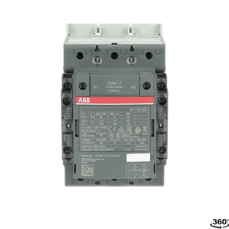 ABB - Electrification AF116-30-22-11 - A 3-phase Contactor suitable for various applications such as Motor starting, Isolation, By-pass and Distribution application up to max 690 V. Operated with wide control voltage range 24-60 V, 50 and 60 Hz, 20-60 V DC