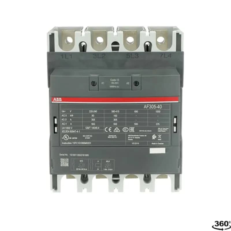 ABB - Electrification AF305-40-00-13 - A 3-phase Contactor suitable for various applications such as Motor starting, Isolation, By-pass and Distribution application up to max 1000 V. Operated with wide control voltage range 100-250 V, 50/60 Hz and DC