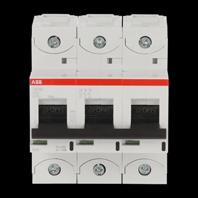 The S803S-D16 is a 3-pole High Performance Circuit breaker with D-Characteristic, with cage terminal and a rated current of 16 A. It is a current limiting device with a maximum breaking capacity of 50kA at 240/415V. It can be used for voltages up to 400/690V and in DC as well. It has two different tripping mechanisms, the thermal tripping mechanism for overload protection and the electromechanic tripping mechanism for short circuit protection. The S803S-D16 complies with IEC/EN 60898-1 and IEC/EN 60947-2 and allows the use for residential, commercial and industrial applications. It has numerous of approvals, therefore it can be used worldwide. The extensive range of accessory makes the use of S803S-D16 more comfortable. Due to the fast arc extinction of S803S-D16 your application will be secured.