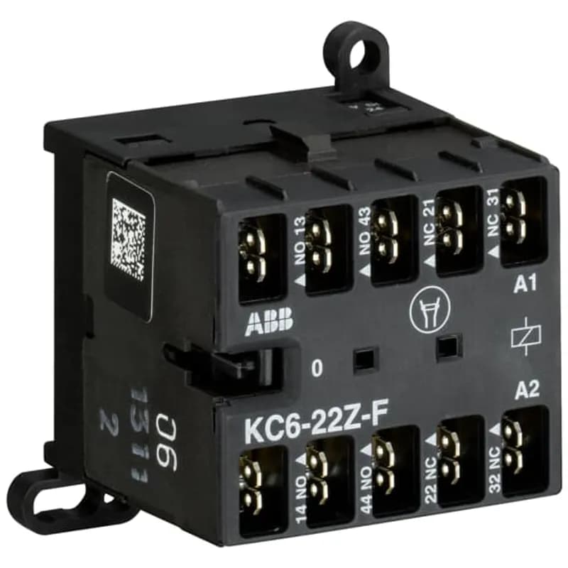 ABB - Electrification KC6-22Z-F-05 - The KC6-22Z-F mini contactor relay is a compact 4 pole contactor relay with flat pin connection. They are ideally suited for applications where reliability is a must and space is at a premium. Mini contactors relays are used in residential buldings, commercial buildings and industrial applications for switching of control signals up to 3 A / 400 V (AC-15). Further features are the noiseless and hum-free coil and a a switch position indication.