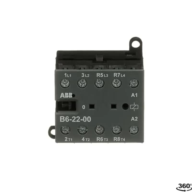 ABB - Electrification B6-22-00-01 - The B6-22-00 mini contactor is a compact 4 pole contactor with screw terminals. They are ideally suited for applications where reliability is a must and space is at a premium. Mini contactors are used in residential buldings, commercial buildings and industrial applications for the control of single or three-phase loads up to 4 kW (AC-3) and 20 A / 690 V (AC-1) or switching of control signals. Further features are the silent coil, a switch position indication and the integrated possibility for rail or wall mounting.