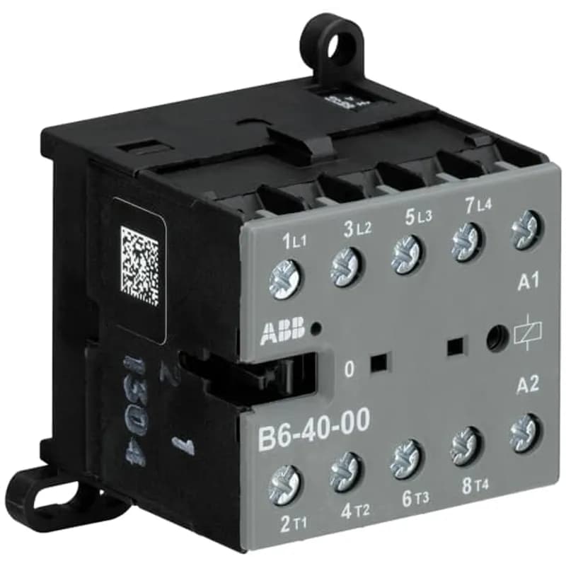 ABB - Electrification B6-40-00-80 - The B6-40-00 mini contactor is a compact 4 pole contactor with screw terminals. They are ideally suited for applications where reliability is a must and space is at a premium. Mini contactors are used in residential buldings, commercial buildings and industrial applications for the control of single or three-phase loads up to 4 kW (AC-3) and 20 A / 690 V (AC-1) or switching of control signals. Further features are the silent coil, a switch position indication and the integrated possibility for rail or wall mounting.