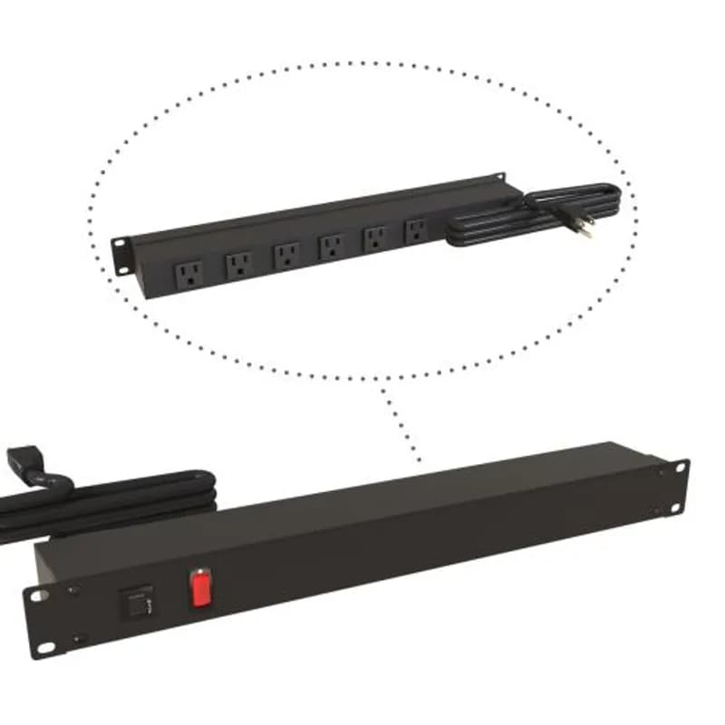 Hammond Manufacturing 1583H6B1BKRA - 19-inch Rack Mount Outlet Strip, 15A, 6 Outlets, 15 ft cord, Black