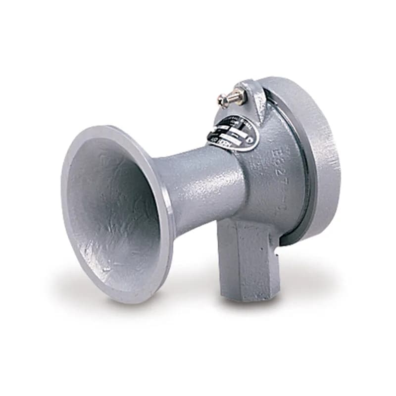 Air Horn With 3-Inch Diameter Diaphragm, 120VAC - Wide variety of tones and sizes. For indoor/outdoor use. Cast aluminum housing. Stainless steel diaphragm. Type 4X enclosure. 20 to 150 PSI (pounds per square inch). Compresses air activation. Tuned for 80 to 90 PSI operation.