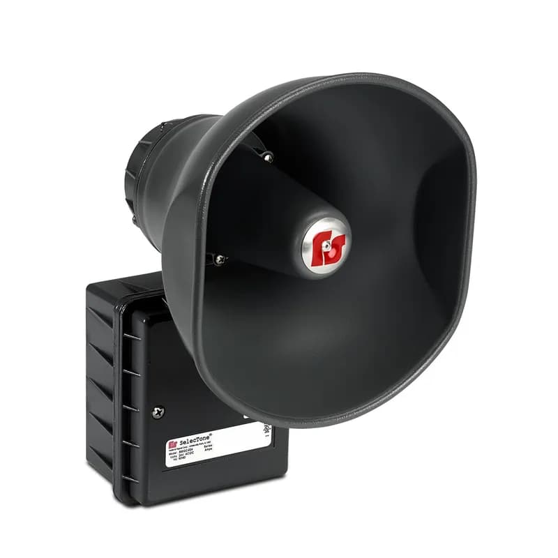 Federal Signal 300GCX-024-B - SelecTone 15 Watt Amplified Speaker, Hazardous Location, 24VAC/DC, Black - Available in 24VAC/DC, 120VAC and 240VAC. Reliable, solid-state circuitry. Digital signal amplification. Fused input and output. Built-in gain control, adjustable between 0 dBa to 110 dBa at 10 feet (0 dBa to 120 dBa at 1 meter). Cast copper free aluminum housing, spun aluminum projector. Type 4X, IP66 enclosure. IP69K compliant. Indoor/outdoor use. CSFM Approved. UL and cUL Listed for Class I, Division 2, Groups A, B, C and D & Class II, Division 2, Groups F and G & Class III.