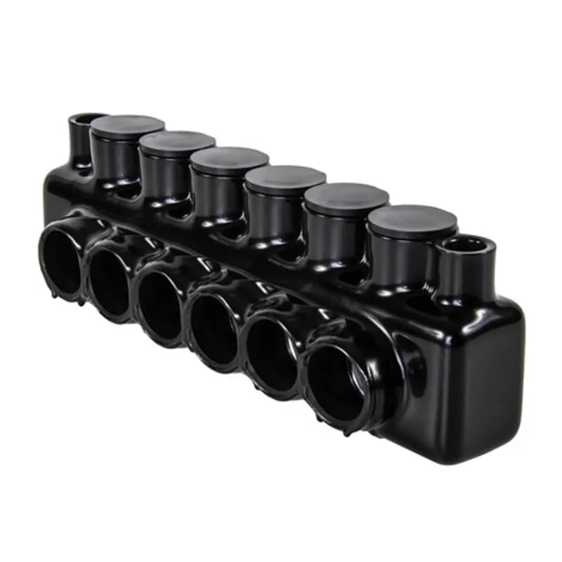 The Polaris IPLMD350-6 Multi-Tap Mountable Dual-Sided Entry Connector features 6 ports sized for 350 MCM - 6 AWG wires. Mounting holes on either side of the connector allow for direct mounting to troughs, panels or wireways with 1/4†bolts. The body is made from aluminum alloy wrapped in a layer of plastisol insulation. Each dual-sided port is pre-loaded with an oxide inhibitor, with removable access plugs over the hex screws used to tighten the connections. Installs with a hex key and torque wrench, without any tape or additional supplies. Designed for use in a wide range of splicing applications, including installation in cable trays, panel boards, ducts, raceways or troughs.