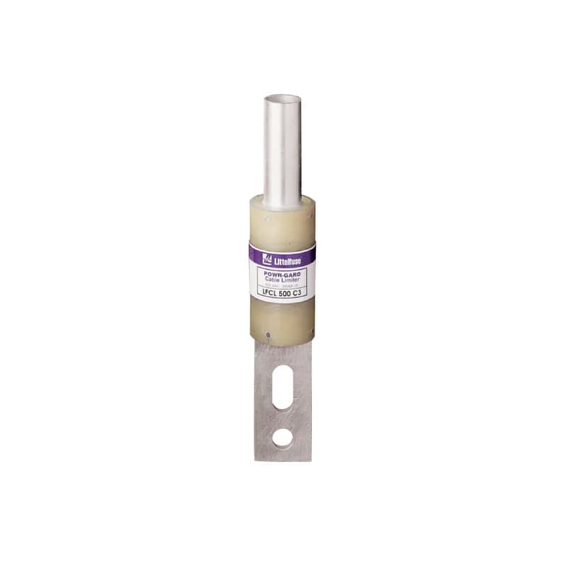 Littelfuse LFCL350C1 - Cable limiters are fusible devices that provide very fast short-circuit protection, primarily to faulted cables, but also to other conductors such as busway. Cable limiters do not have an ampere rating, and cannot be used to provide overload protection. Cable limiters are selected by cable size; for example, a 500 kcmil cable requires a 500 kcmil cable limiter. Their main use is to isolate faulted cables in circuits containing three or more parallel conductors per phase. They may be installed on the line side of the main service to provide short-circuit protection to the service conductors. This is especially important when service conductors are tapped from large low-voltage networks or from large low impedance transformers. Cable limiters have terminals which permit them to be installed in a variety of equipment. The most common configuration is the offset blade on one end and the crimp terminal on the other end. This permits the limiter to replace a cable terminal (lug).