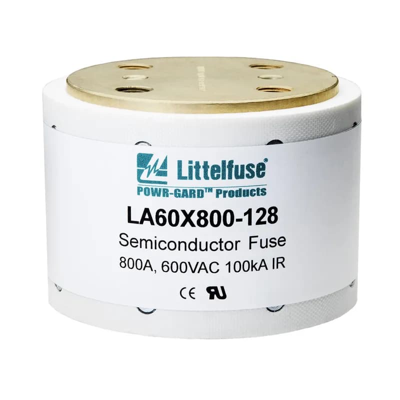 Littelfuse LA60X1200-128 - The Littelfuse LA60X semiconductor protection fuses are popular for the protection of higher voltage heavy rectifiers such as traction rectifiers. They can carry long sustained overloads common with heavy-duty apparatus. The compact hockey-puck; design provides high power protection in a small space. Features: Lowest l2t minimizes damage to protected components on short circuit. Controlled arc voltage reduces stress to circuit components during fuse clearing. Applications: Protection of heavy traction and electrochemical as well as rectifiers and other heavy-duty equipment.
