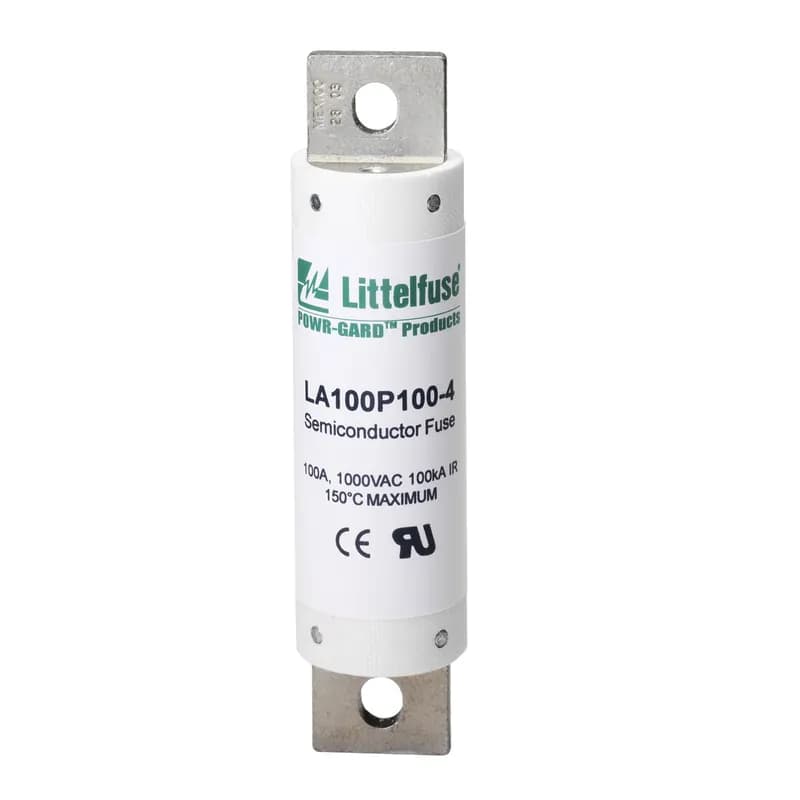 Littelfuse LA100P200-4TI - Littelfuse's LA100P semiconductor protection fuses are rated 1000V, extending the range of protection for UPS systems, AC and DC drives, reduced voltage motor starters and similar applications where lower l2t and superior reliability are needed. With ratings from 15-1000 amperes, a wide range of high voltage applications can be served. Features: Low l2t minimizes damage to protected components on short circuit. Controlled arc voltage reduces stress to circuit components during fuse clearing. Applications: Protection of UPS systems, AC/DC drives, reduced voltage motor starters and other 1000V or less semiconductor devices.