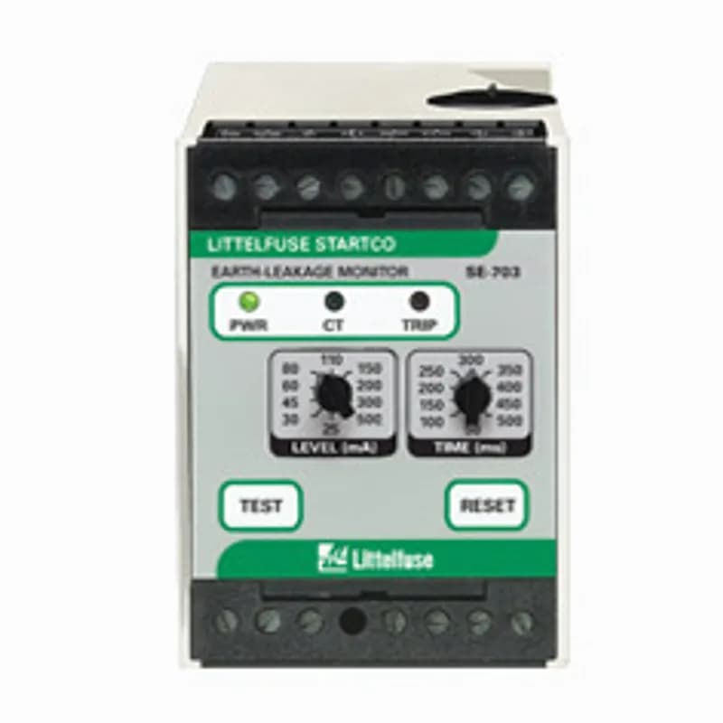 EARTH-LEAKAGE MONITOR - 32 TO 70 VDC. The SE-703 is a microprocessor-based ground-fault relay for resistance- and solidly-earthed systems. It offers sensitive ground-fault detection as low as 25 mA and can be used on systems with significant harmonic content. The SE-703 provides feeder-level protection or individual-load protection. The output contacts can be connected for use in protective tripping circuits or in alarm indication circuits. The analog output can be used with a PLC or a meter. The SE-703 is specifically designed to be Australian AS/NZS 2081 compliant.