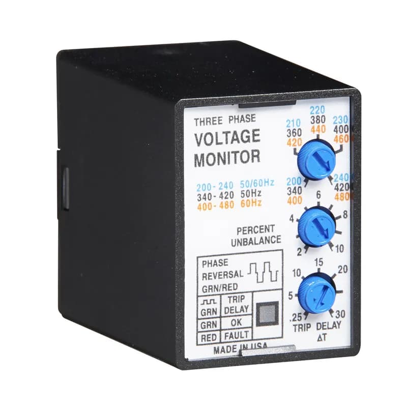 Littelfuse PLMU11 - The PLMU11 continuously measures the voltage of each of the three phases to provide protection for 3-phase motors and sensitive loads. Its microcontroller senses under and overvoltage, voltage unbalance, phase loss, and phase reversal. Protection is provided even when regenerated voltages are present. Universal voltage operation from 200 to 480 VAC and standard base connection allows the PLMU11 to replace hundreds of competitive part numbers. Operation: Upon application of power, a 0.6s random start delay begins and the PLMU11 measures the voltage levels and line frequency and selects the voltage range. The output relay is energized and the LED glows green when all voltages are acceptable and the phase sequence is correct. LED flashes green during trip delay, glows red when output de-energizes. undervoltage, overvoltage, and voltage unbalance must be sensed for continuous trip delay before the relay de-energizes. Reenergization is automatic upon fault correction. The output relay will not energize if a fault condition is sensed as 3-phase input voltage is applied. The LED alternately flashes red/green when phase reversal is sensed. Line voltage is selected with the knob, setting the over and under voltage trip points. Voltage range is automatically selected by the microcontroller.