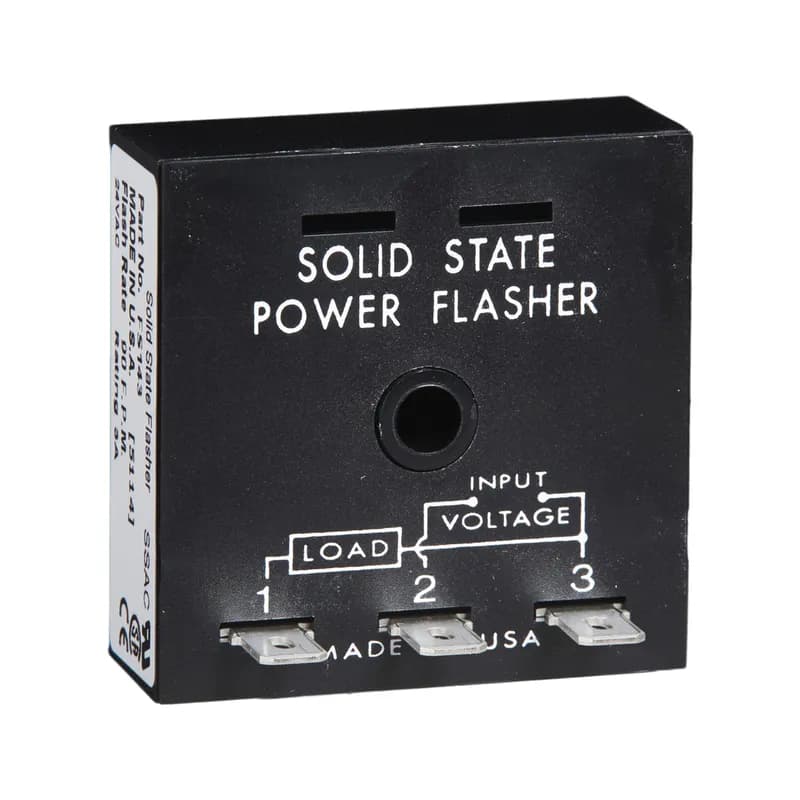 The FS100 Series (medium power) may be used to control inductive, incandescent, or resistive loads. Input voltages of 24, 120, or 230VAC are available. Fixed flash rates in stock range from 30, 50, 60, and 90 FPM, with custom flash rates ranging from 10 to 300 FPM. Encapsulation provides protection against shock, vibration, and humidity. This group of solid-state flashers has proven reliability with years of use throughout the world.