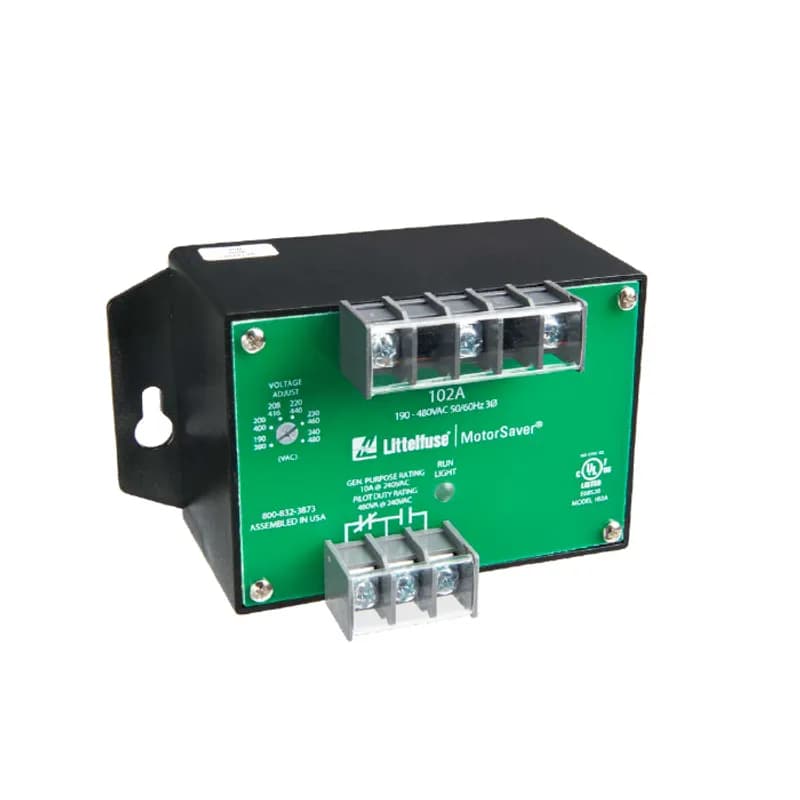 3-Phase Voltage Monitor/475-600V. The 102A is a 3-phase, auto-ranging, dual-range voltage monitor that protects 190-600VAC, 50/60Hz motors regardless of size. The product provides a user selectable nominal voltage setpoint and the voltage monitor automatically selects between the 200V and 400V range. A unique microcontroller-based voltage and phase-sensing circuit constantly monitors the 3-phase voltages to detect harmful power line conditions. When a harmful condition is detected, the output relay is deactivated after a specified trip delay. The output relay reactivates after power line conditions return to acceptable levels. The Model 102A includes advanced single LED diagnostics. Five different light patterns distinguish between faults and normal conditions.