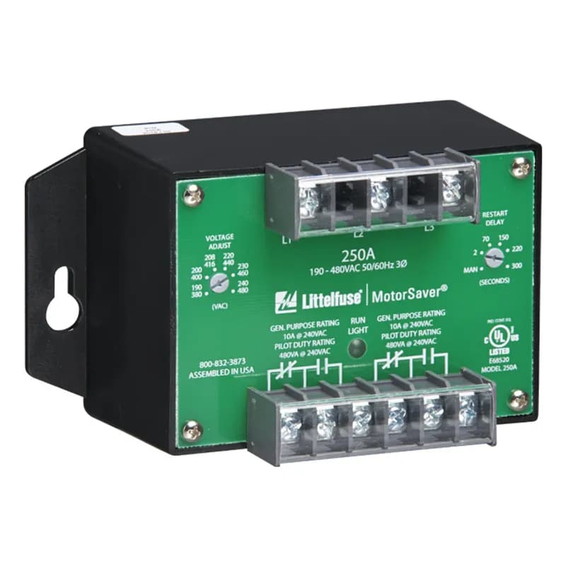The 250A is a 3-phase, auto-ranging, dual-range voltage monitor that protects 190-480VAC, 50*/60Hz motors regardless of size from low and high voltage, unbalance/single-phase, and reverse-phase. The product provides a user selectable nominal voltage setpoint and the voltage monitor automatically selects between the 200V and 400V range. The 250A also features adjustable or manual restart delay. This unique microcontroller-based voltage and phase-sensing device constantly monitors the 3-phase voltages to detect harmful power line conditions. When a harmful condition is detected, the Littelfuse’s output relay is deactivated after a specified trip delay. The output relay reactivates after power line conditions return to acceptable levels. The Model 250A includes advanced single LED diagnostics. Five different light patterns distinguish between faults and normal conditions.