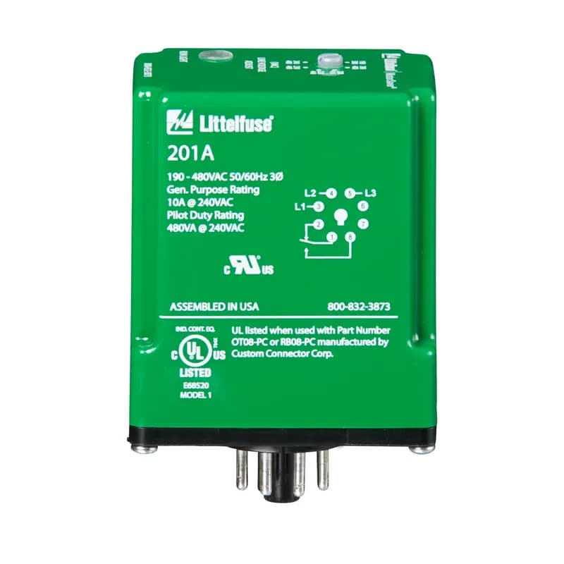 Littelfuse 201A-9 - The 201A is a 3-phase, auto-ranging, dual-range voltage monitor that protects 190-480VAC, 50/60Hz motors regardless of size. The product provides a user selectable nominal voltage setpoint and the voltage monitor automatically selects between the 200V and 400V range. The 201A includes advanced single LED diagnostics, where color and different light patterns distinguish between faults and normal conditions.This unique microcontroller-based voltage and phase-sensing device constantly monitors the 3-phase voltages to detect harmful power line conditions. When a harmful condition is detected, the 201A’s output relay is deactivated after a specified trip delay. The output relay reactivates after power line conditions return to acceptable levels.