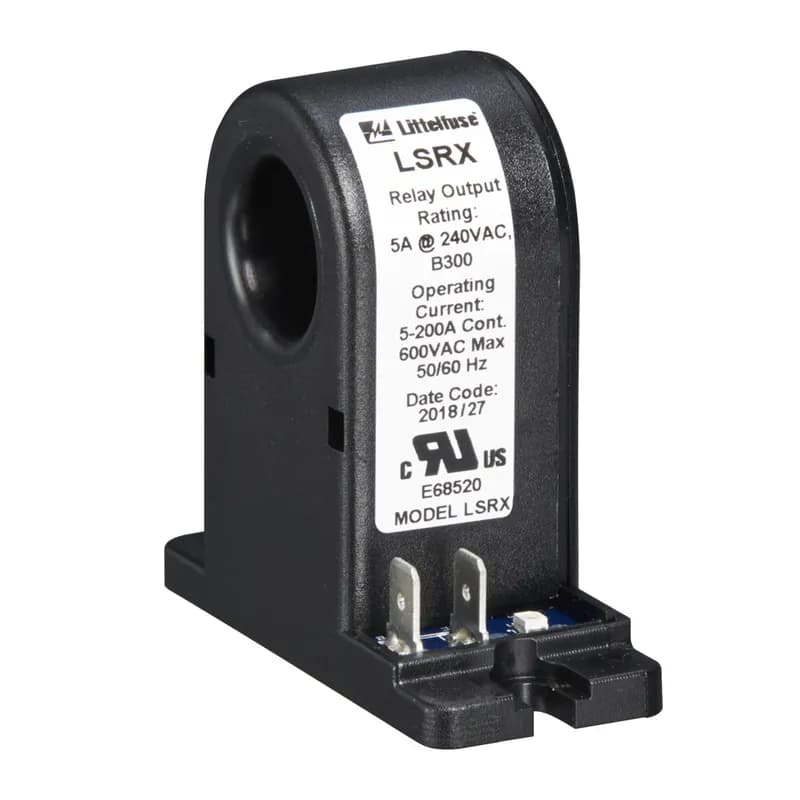 The LSRX is an AC current sensor designed to energize the output contact whenever 4.5 Amps or greater is present. The LSRX is used commonly as an AC current proof relay to indicate if a motor is operating. It can also be used to interlock fans, compressors and motors; to indicate equipment status such as feed rates, tool wear, loss of prime on pumps, mixer viscosity and all types of current sensing conditions or to stage pump motors, chillers, or other machinery. This device combines a current transformer (CT), transducer and high current output relay together to switch alarm circuits, contactors and most resistive or inductive loads. The LSRX can perform the function of an auxiliary contact, yet has the advantages of universal application and isolation.