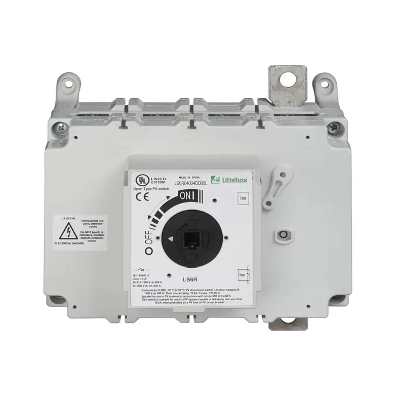 DC SWITCH 500VDC 400A 1P. When trying to isolate circuits or repair systems, the LS60400 dc disconnect switch quickly breaks or resumes the flow of current safely to prevent shock hazards. It has a total voltage rating of 500 V dc and an amperage rating of 400 A. Available in a one-pole model. Features Benefits Streamline design eliminates the need for external bridging links (jumpers) to lower heat dissipation for increased energy efficiency, decreased installation and maintenance time, and reduced footprint for added design flexibility High-level disconnection insulation provides a barrier to stop conduction when switch is in off position for added safety The self-cleaning blade contacts eliminate performance degradation (from increased electrical resistance over time) to ensure consistent behavior across the product’s lifespan The internally-located “sandwich-type” 2-contact symmetrical design mitigates the electromagnetic force of repulsion to offer enhanced functionality in short-circuit conditions Meets UL 94 flammability requirements with self-extinguishing/non-flammable materials to prevent fires Applications Solar/PV systems: Combiner boxes, recombiner boxes and inverters Energy storage systems: Disconnection of batteries, containerized batteries Oil & gas: Dc drives Railway: Earthing switches and battery disconnection UPS: Switching and isolation of batteries